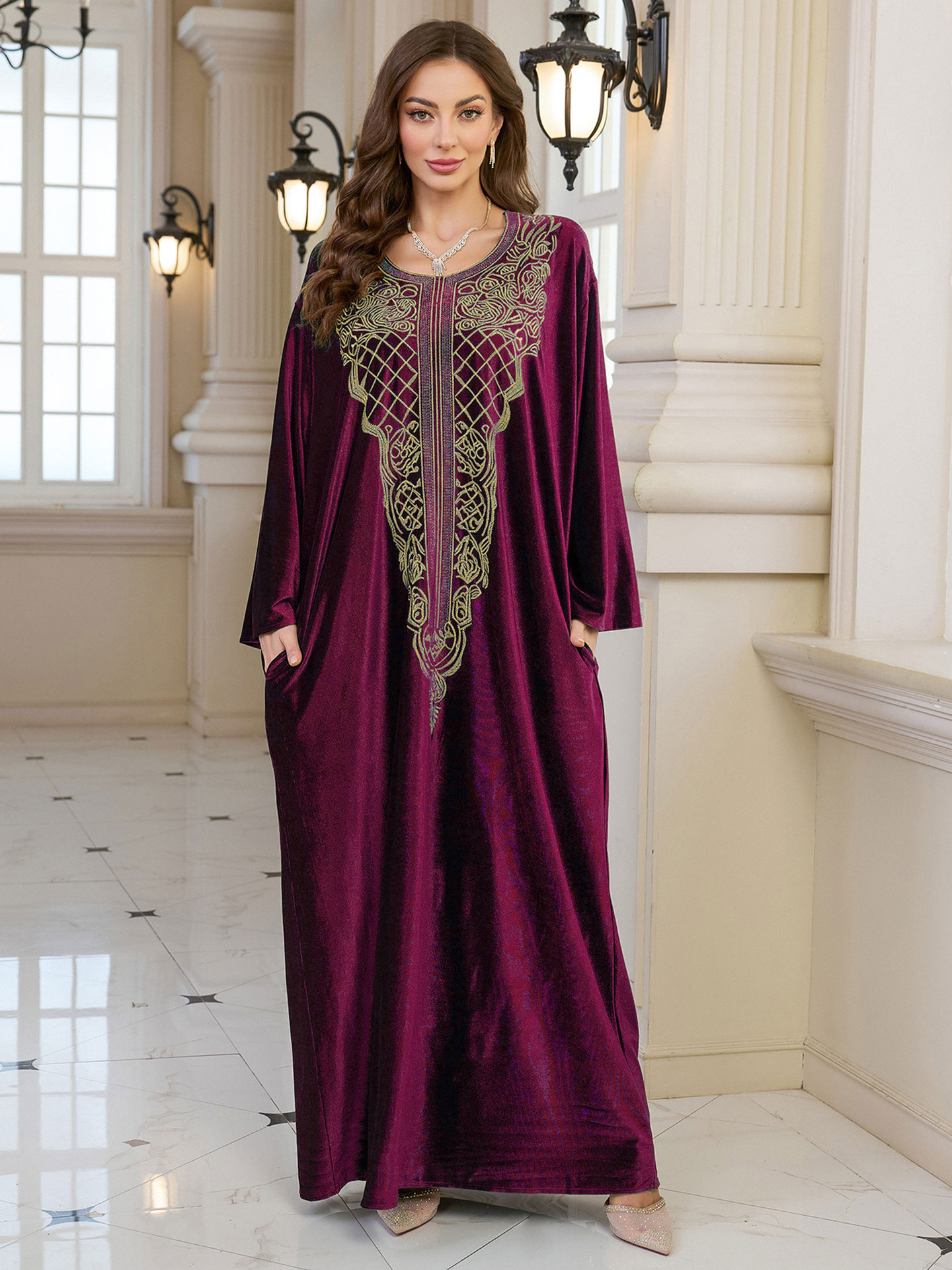 Elegant Embroidered Kaftan Dress Beach Bathing Suit Cover up Long Maxi Dress